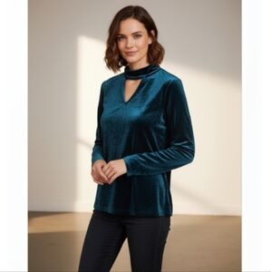 Tahari Deep Blue Velvet Keyhole Blouse